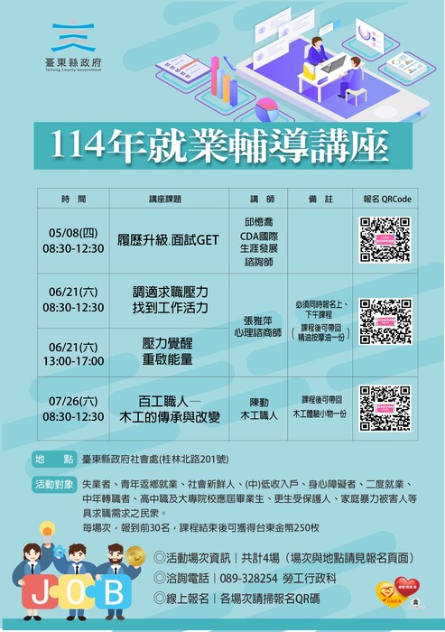 臺東縣政府訂於114年6月21日(六)及114年7月26日(六)辦理「114年度就業輔導講座」，請踴躍報名參加。圖片